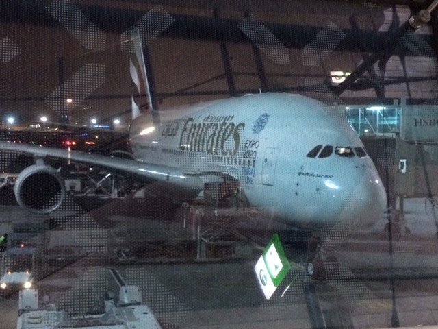 An Airbus A380 at the airport gate in Dubai.